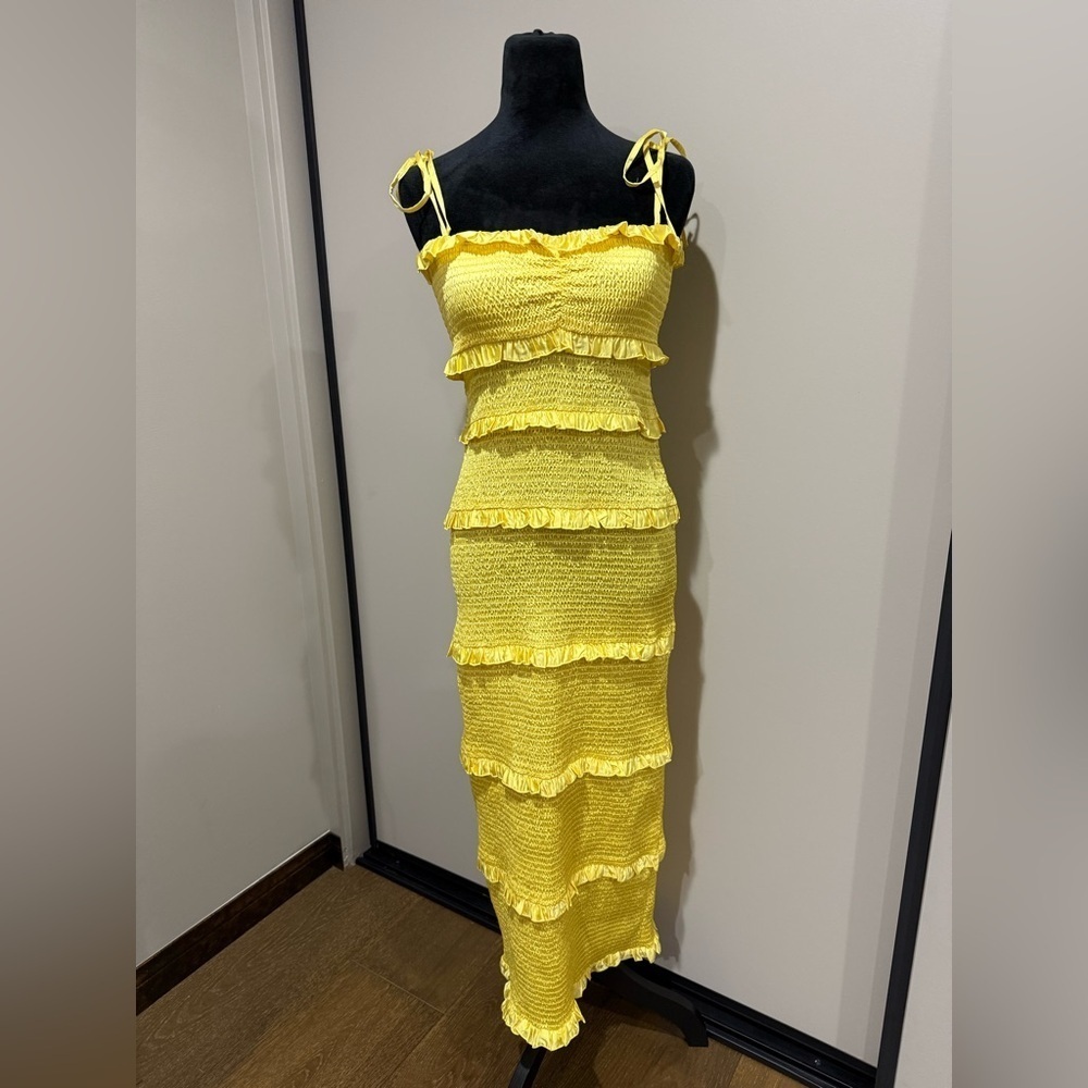 Show Me Your Mumu Stella Smocked Midi Dress - Butter Yellow Luxe Satin